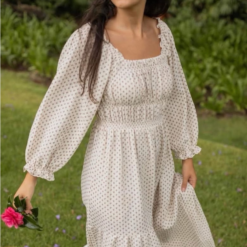 Smocked Square Neck Long Sleeve Maxi Dress - Cream Floral